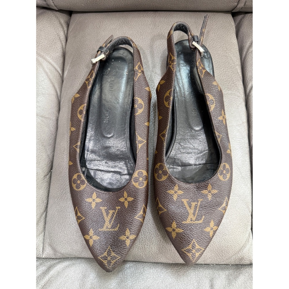 Louis Vuitton Monogram Canvas Pointed Toe Slingback Flats Brown Black‎ Size 37.5